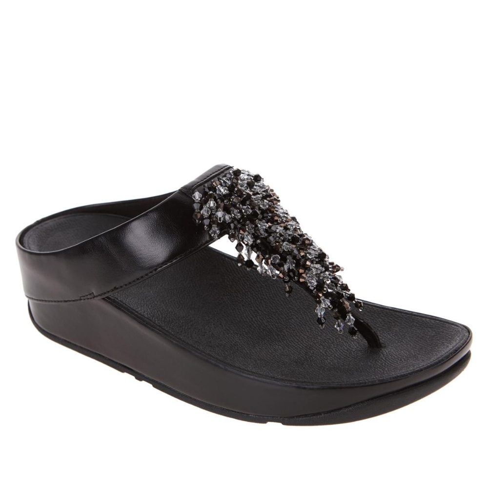 Black FitFlop Rumba Beaded Metallic Toe Post Wedge Sandal NIB